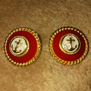 Large Nautical Anchor Gold and Red Earrings